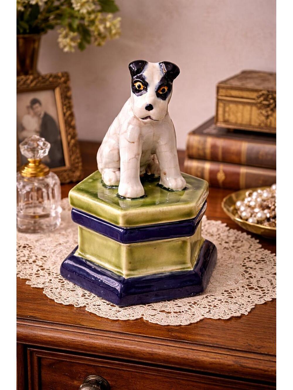 Vintage 1960s Ceramic Takahashi Style Crackle Glaze Terrier Trinket Box Japan